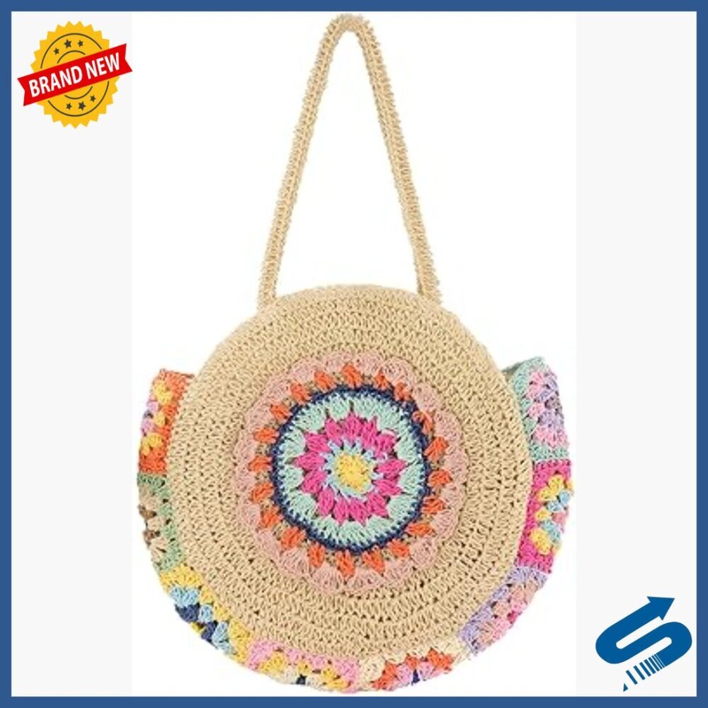 Large Straw Tote Bag Floral Woven Beach Purse Shoulder Handbag